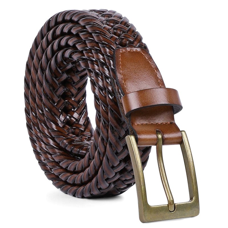 JASGOOD Men's Braided Leather Belt, Braided Woven Belt for Men Casual Jeans with Solid Strap Single Prong Buckle (B-Brown,Suit for Pant Size 32-37 inch) - Image 1